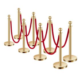 Stanchions and Velvet Ropes 8Pcs, Hollow Base with Stainless Steel Post, 6 Red Velvet Ropes and Posts, Crowd Control Barriers Gold Stanchions