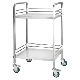 Stainless Steel Cart, 2-Tier Rolling Lab Utility Cart with Lockable Wheels, Medical Serving Trolley Clinic Tray