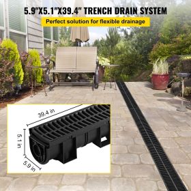 Trench Drain System, Channel Drain with Plastic Grate, 5.9x5.1-Inch HDPE Drainage Trench, Black Plastic Garage Floor Drain, 6x39 Trench Drain Grate